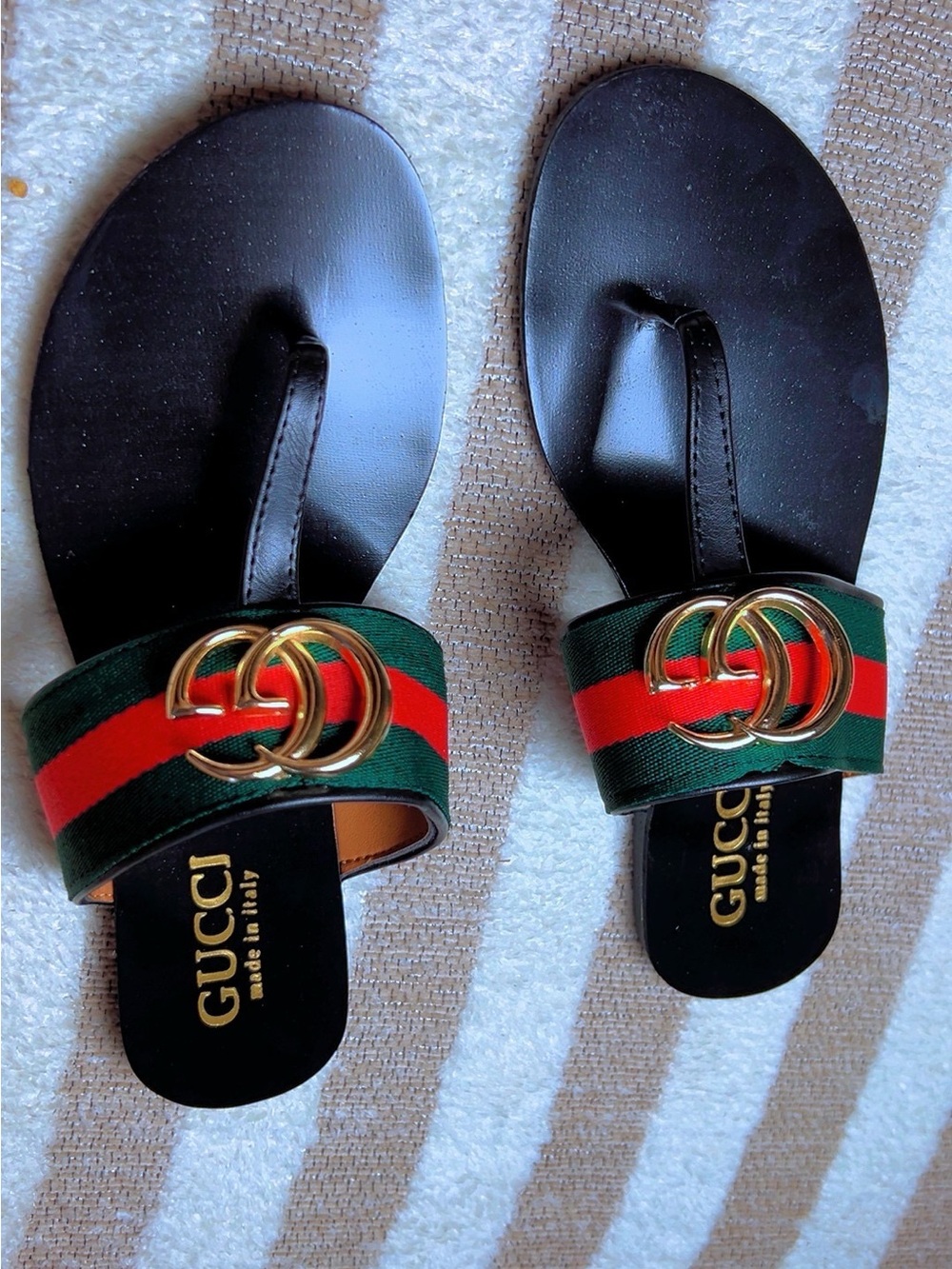Gucci Black Leather Slides with Green and Red Web and Gold GG